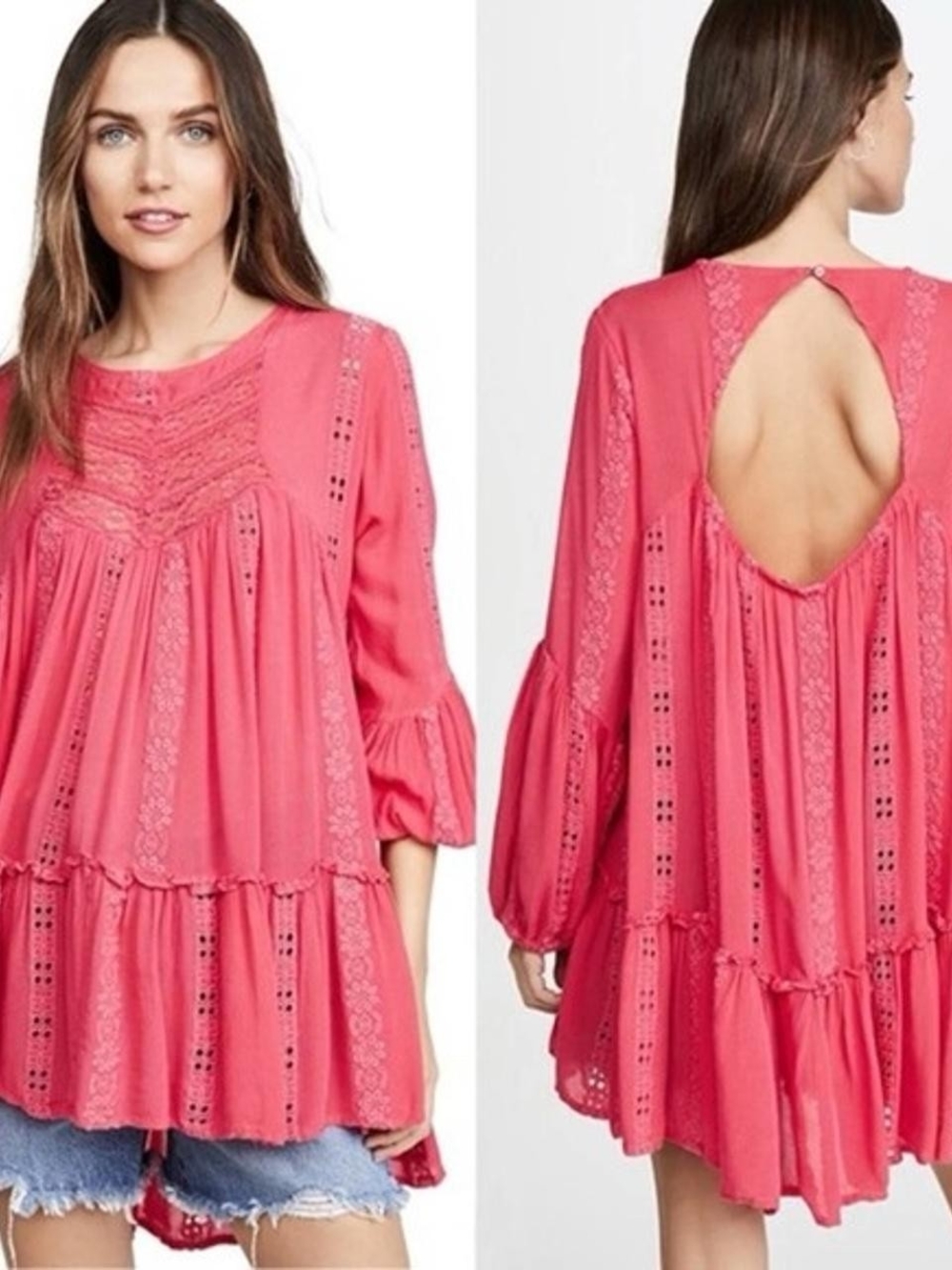 Free People Coral Eyelet Backless Tiered Tunic Dress